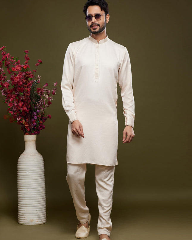 Off White Art Silk Mens Kurta Pajama Set