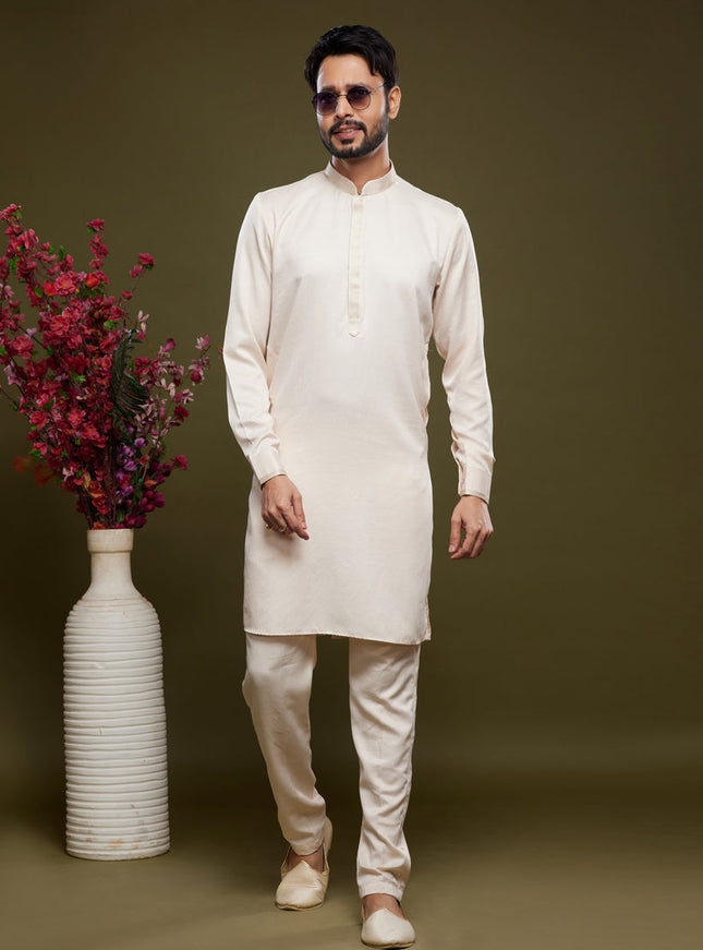 Off White Art Silk Mens Kurta Pajama Set