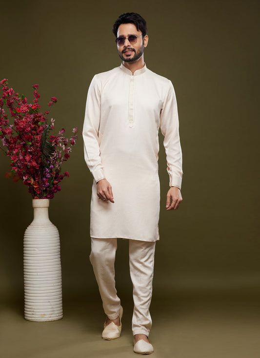 Off White Art Silk Mens Kurta Pajama Set