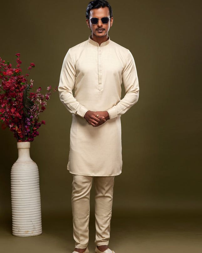 Beige Art Silk Mens Kurta Pajama Set