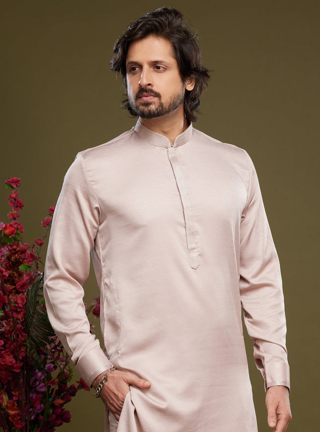 Cream Art Silk Mens Kurta Pajama Set