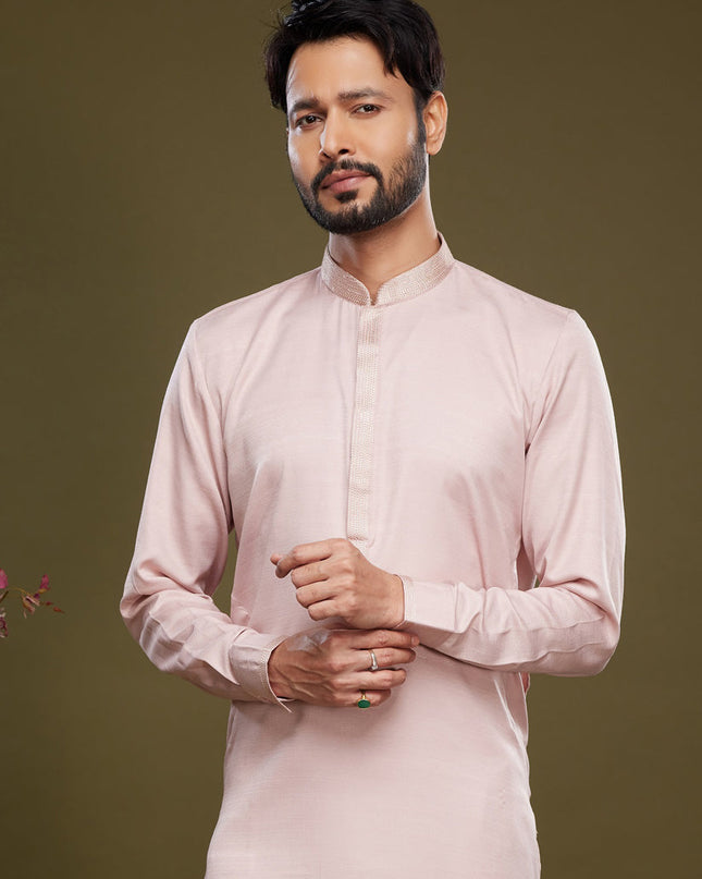 Light Pink Art Silk Mens Kurta Pajama Set