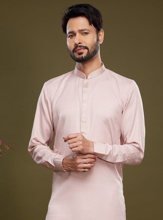 Light Pink Art Silk Mens Kurta Pajama Set