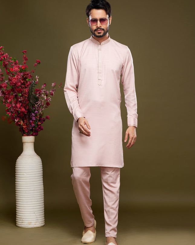 Light Pink Art Silk Mens Kurta Pajama Set