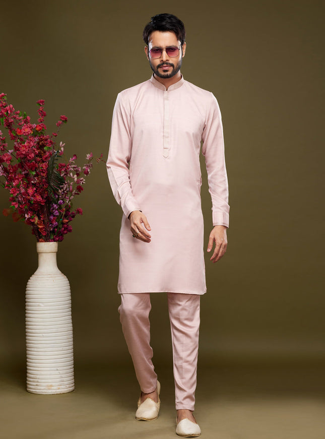 Light Pink Art Silk Mens Kurta Pajama Set