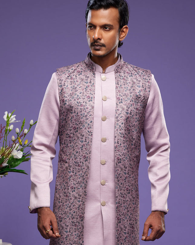 Lavender Art Silk Mens Kurta Pajama With Jacket