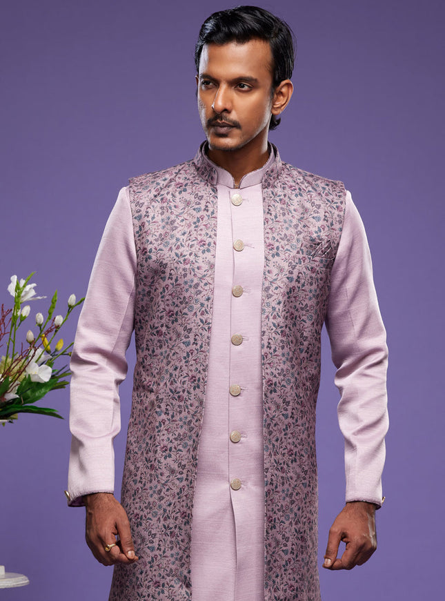 Lavender Art Silk Mens Kurta Pajama With Jacket