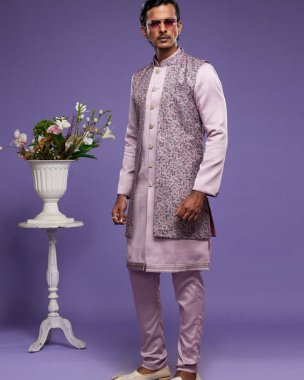 Lavender Art Silk Mens Kurta Pajama With Jacket
