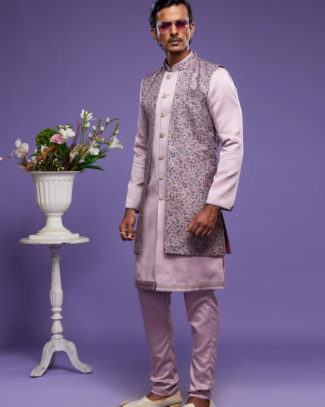 Lavender Art Silk Mens Kurta Pajama With Jacket