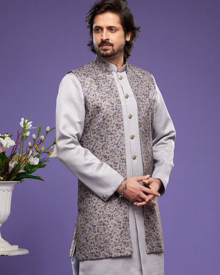 Grey Art Silk Mens Kurta Pajama With Jacket