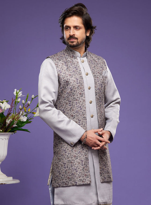Grey Art Silk Mens Kurta Pajama With Jacket