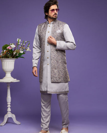 Grey Art Silk Mens Kurta Pajama With Jacket