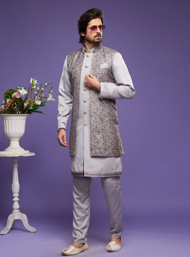 Grey Art Silk Mens Kurta Pajama With Jacket