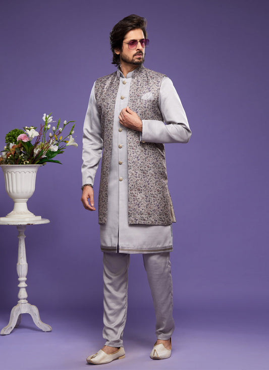 Grey Art Silk Mens Kurta Pajama With Jacket