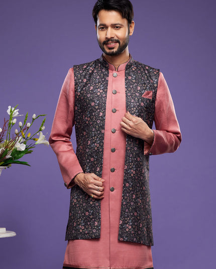 Peach Art Silk Mens Kurta Pajama With Jacket