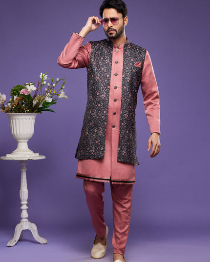 Peach Art Silk Mens Kurta Pajama With Jacket