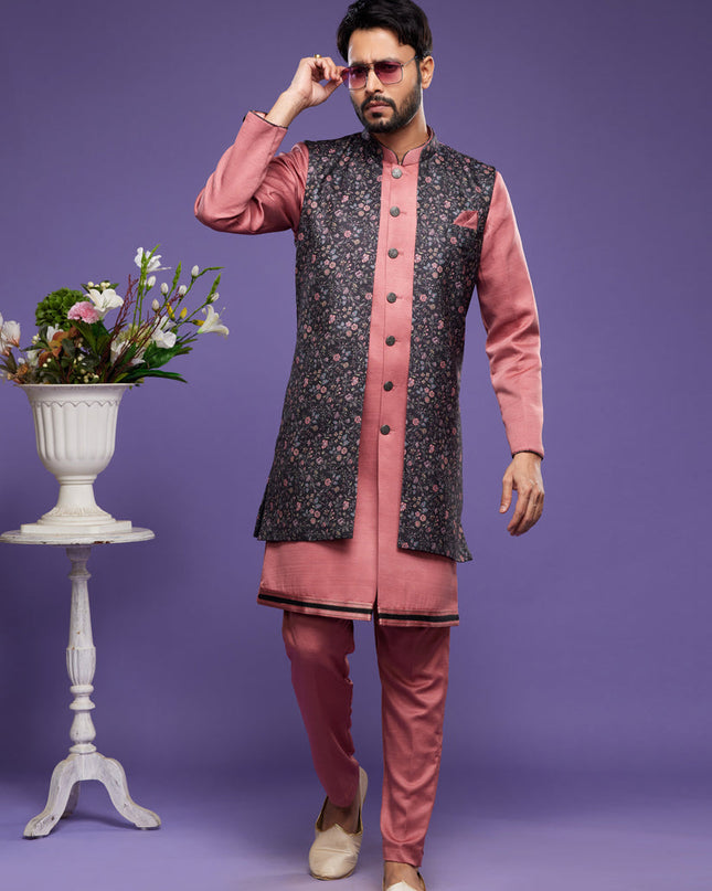 Peach Art Silk Mens Kurta Pajama With Jacket