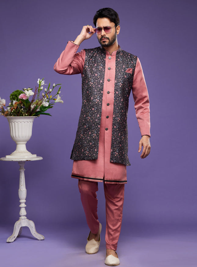 Peach Art Silk Mens Kurta Pajama With Jacket