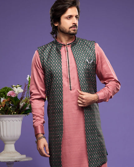 Peach Art Silk Mens Kurta Pajama With Jacket