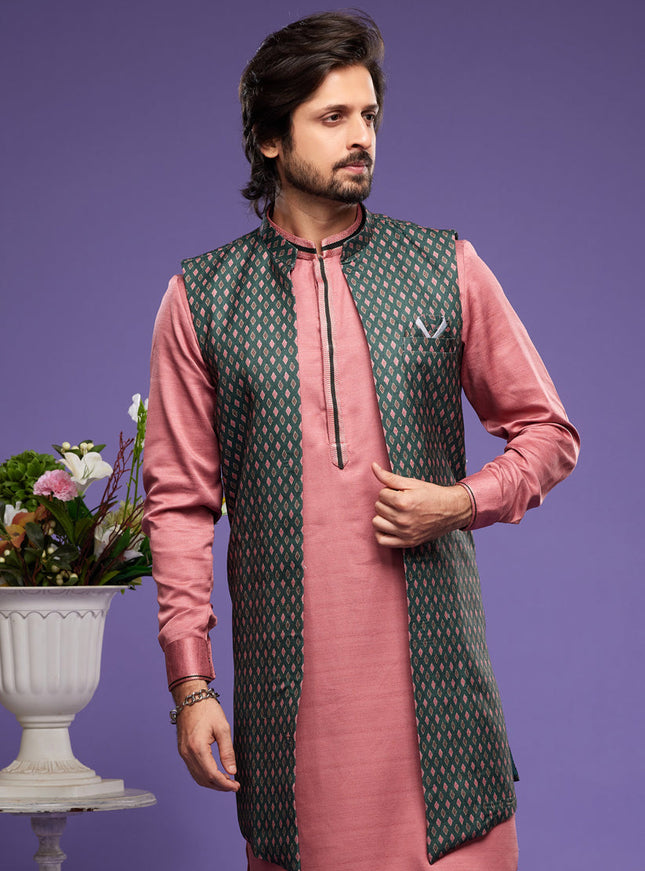 Peach Art Silk Mens Kurta Pajama With Jacket