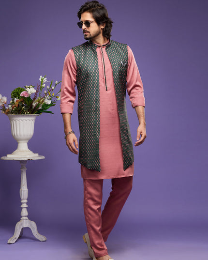 Peach Art Silk Mens Kurta Pajama With Jacket