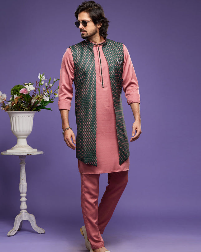 Peach Art Silk Mens Kurta Pajama With Jacket