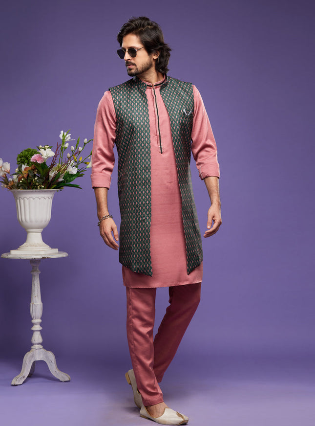 Peach Art Silk Mens Kurta Pajama With Jacket