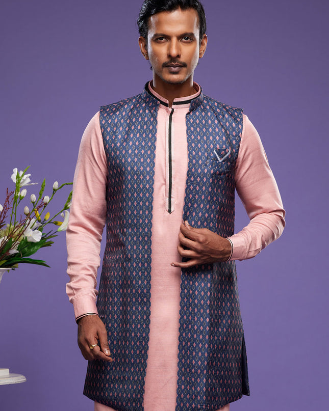 Light Pink Art Silk Mens Kurta Pajama With Jacket