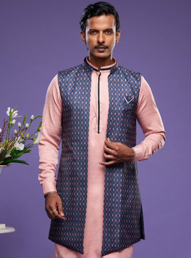 Light Pink Art Silk Mens Kurta Pajama With Jacket