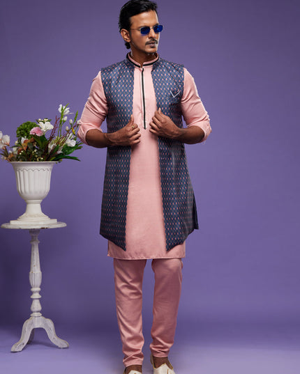 Light Pink Art Silk Mens Kurta Pajama With Jacket