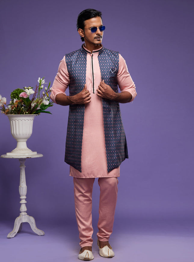 Light Pink Art Silk Mens Kurta Pajama With Jacket