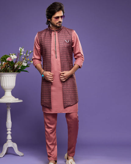 Peach Art Silk Mens Kurta Pajama With Jacket