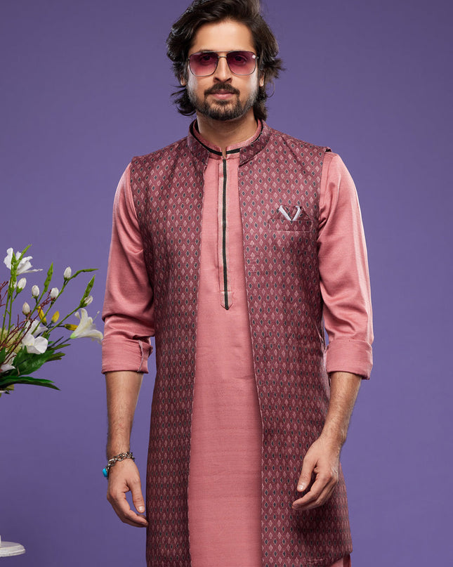 Peach Art Silk Mens Kurta Pajama With Jacket