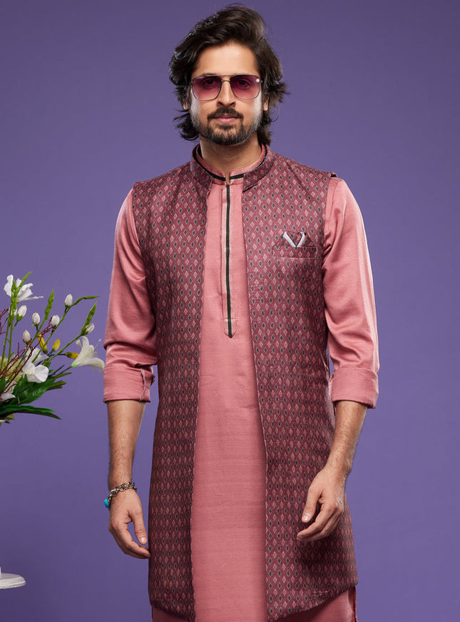 Peach Art Silk Mens Kurta Pajama With Jacket