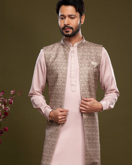 Light Pink Art Silk Mens Kurta Pajama With Jacket