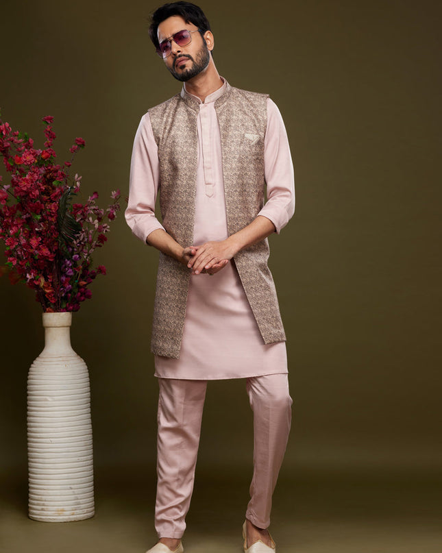 Light Pink Art Silk Mens Kurta Pajama With Jacket
