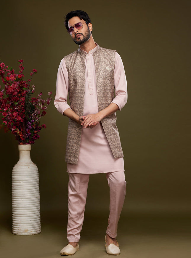 Light Pink Art Silk Mens Kurta Pajama With Jacket