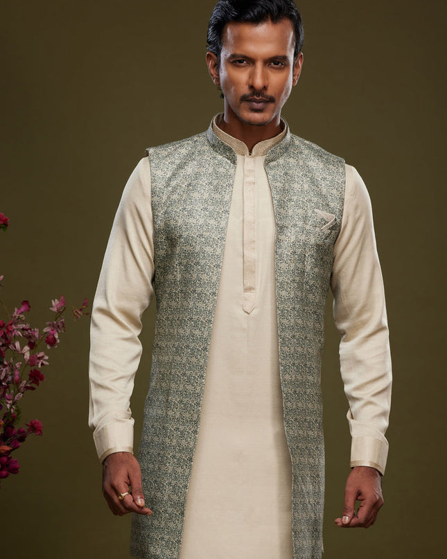 Beige Art Silk Mens Kurta Pajama With Jacket