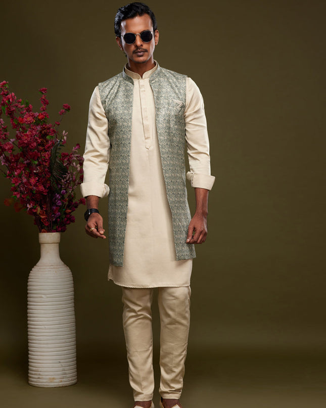 Beige Art Silk Mens Kurta Pajama With Jacket
