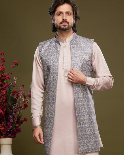Light Pink Art Silk Mens Kurta Pajama With Jacket