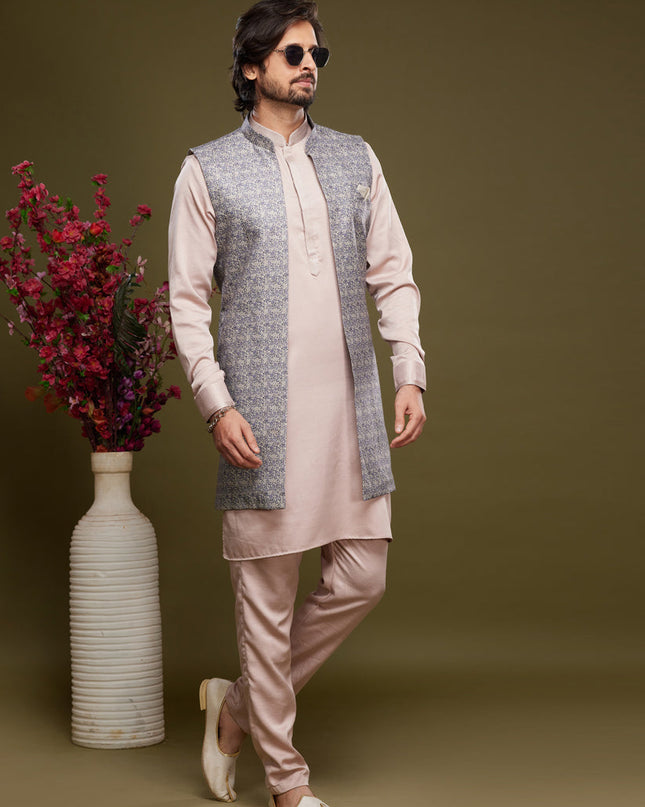 Light Pink Art Silk Mens Kurta Pajama With Jacket