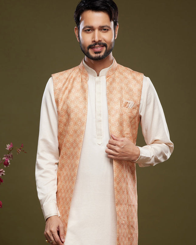 Off White Art Silk Mens Kurta Pajama With Jacket