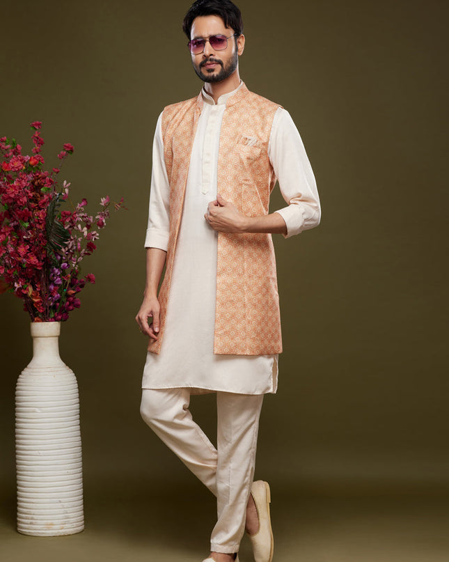 Off White Art Silk Mens Kurta Pajama With Jacket