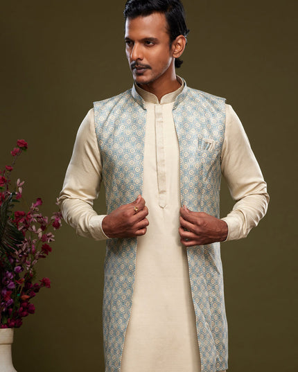 Beige Art Silk Mens Kurta Pajama With Jacket