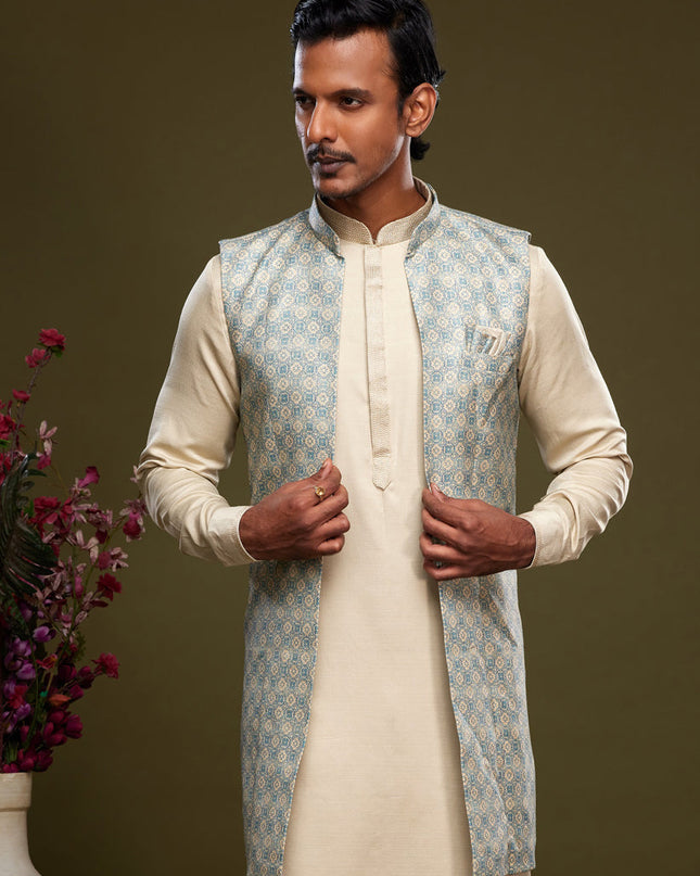 Beige Art Silk Mens Kurta Pajama With Jacket