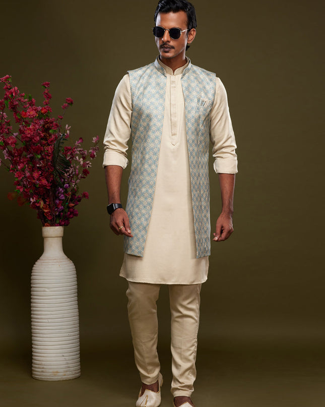 Beige Art Silk Mens Kurta Pajama With Jacket