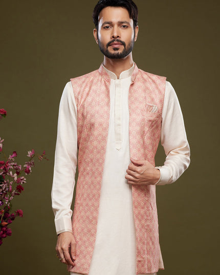 Off White Art Silk Mens Kurta Pajama With Jacket