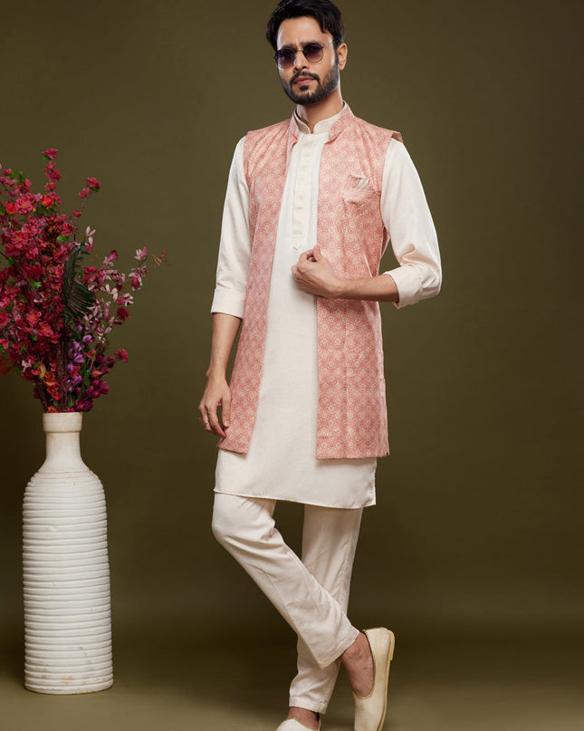 Off White Art Silk Mens Kurta Pajama With Jacket