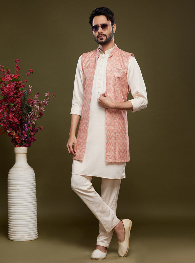 Off White Art Silk Mens Kurta Pajama With Jacket