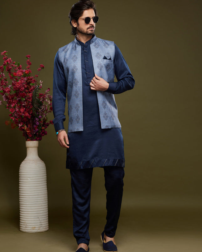 Navy Blue Art Silk Mens Kurta Pajama With Jacket